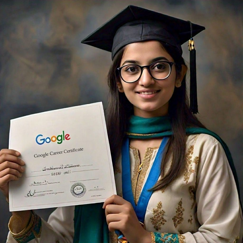 Female holding Google Career Certificate
